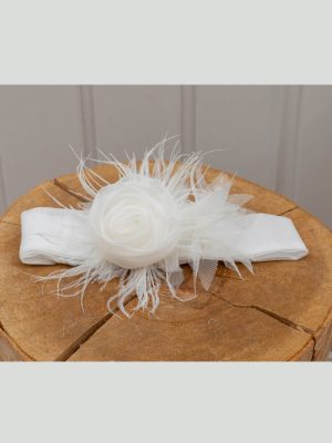 Ivory headwrap with bif fabric flower and feathers