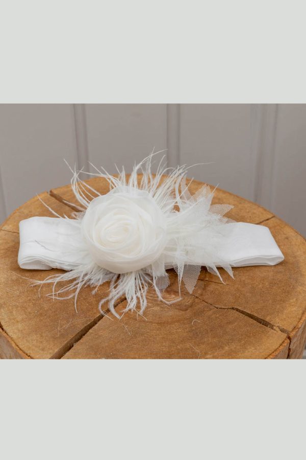 Ivory headwrap with bif fabric flower and feathers