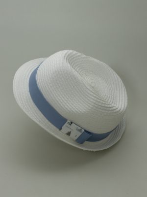 Baby Boy White Straw Hat with Light Blue Ribbon