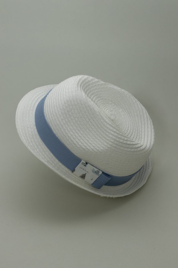 Baby Boy White Straw Hat with Light Blue Ribbon